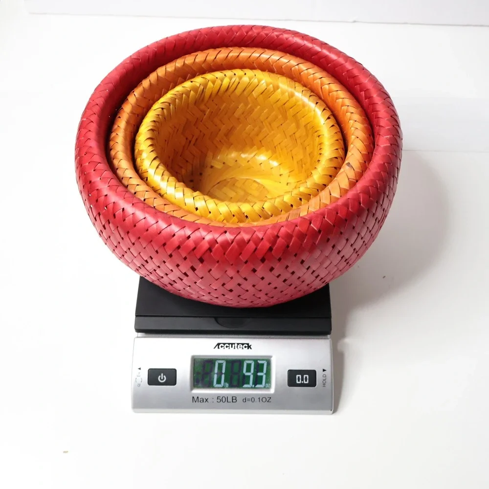 NEW Crate & Barrel Bambu Nesting Baskets Set of 3 Red Orange Yellow Woven Bamboo